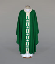 Green Chasuble with modern embroidery on a narrow hanging band — front view