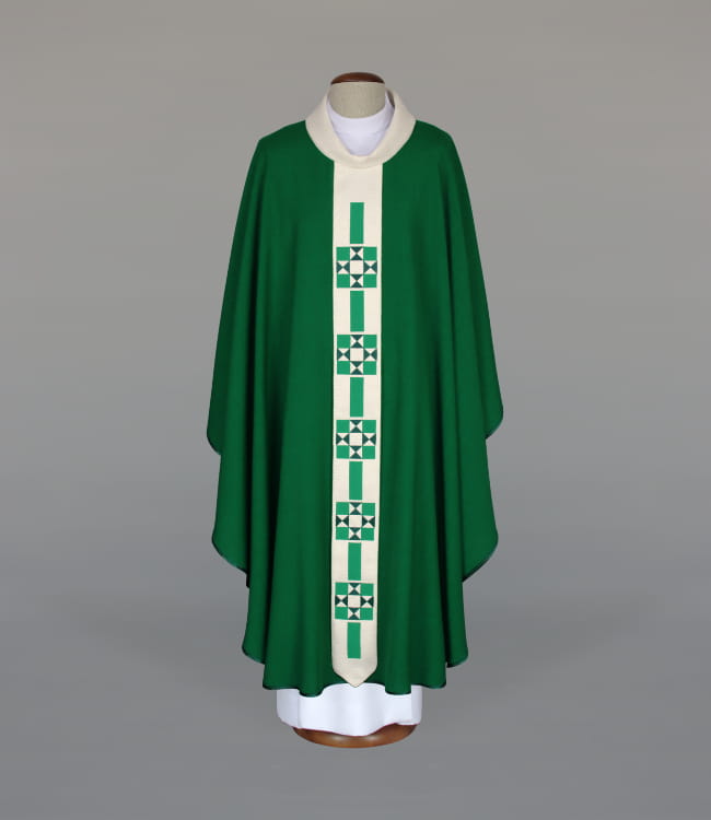 Green Chasuble with modern embroidery on a narrow hanging band — front view