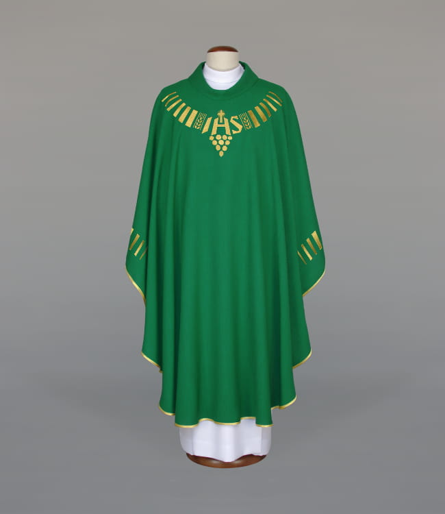 Green Chasuble with modern liturgical embroidery — front view