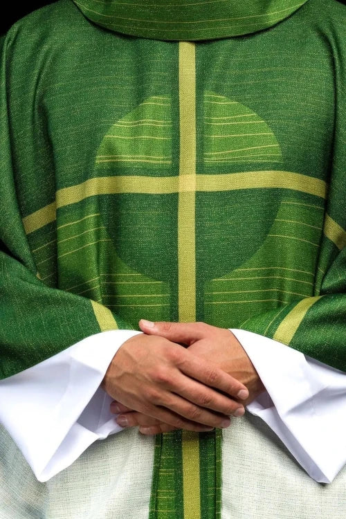 Green Chasuble with printed cross motif — front view