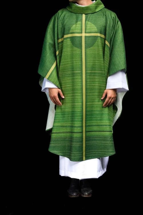 Green Chasuble with printed cross motif — full view