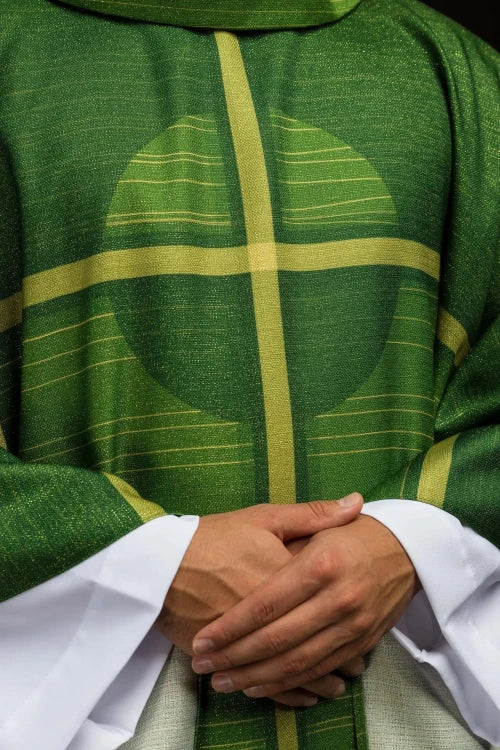 Green Chasuble with printed cross motif — decoration detail