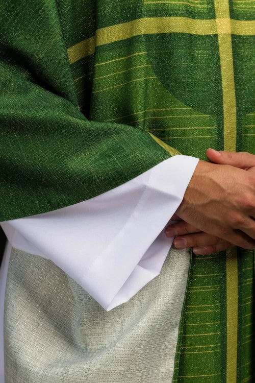 Green Chasuble with printed cross motif — back view