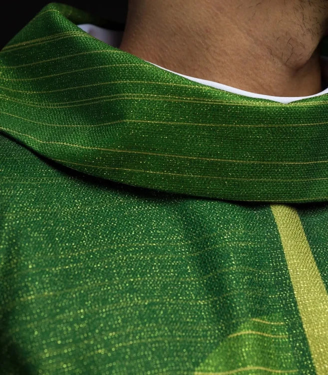 Green Chasuble with printed cross motif — close-up detail