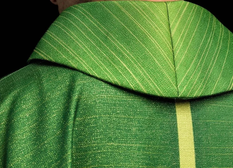 Green Chasuble with printed cross motif — side view