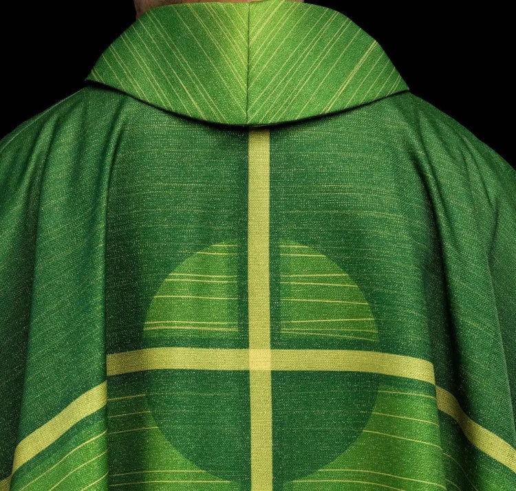 Green Chasuble with printed cross motif — collar detail
