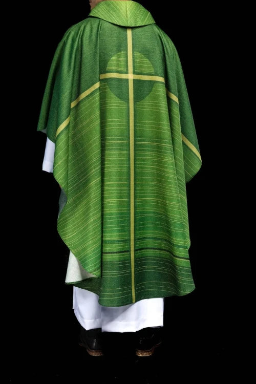 Green Chasuble with printed cross motif — fabric detail