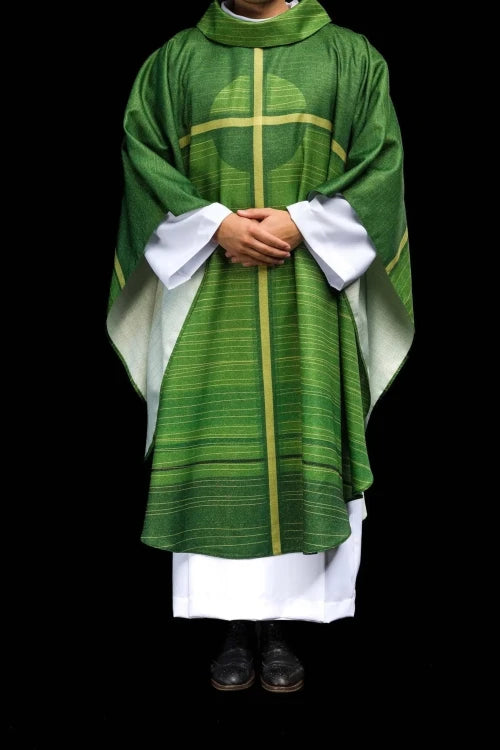 Green Chasuble with printed cross motif — vestment detail