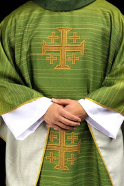 Green Chasuble with printed Jerusalem cross — front view