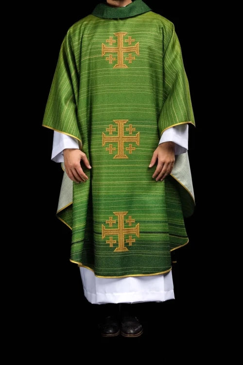 Green Chasuble with printed Jerusalem cross — full view