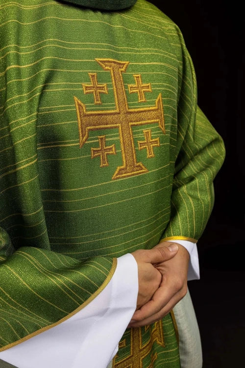 Green Chasuble with printed Jerusalem cross — back view