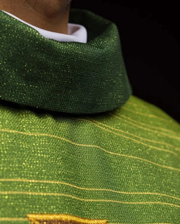 Green Chasuble with printed Jerusalem cross — close-up detail