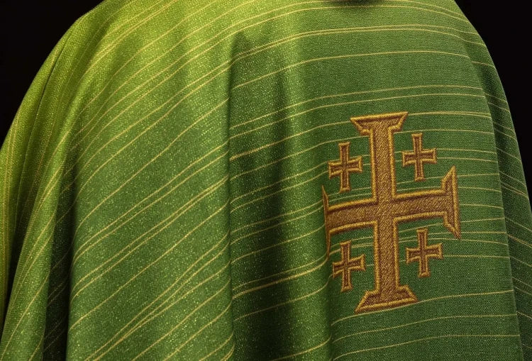 Green Chasuble with printed Jerusalem cross — collar detail