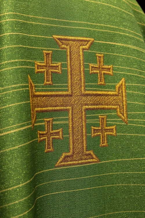 Green Chasuble with printed Jerusalem cross — fabric detail