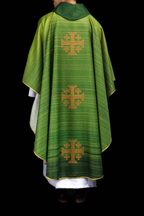 Green Chasuble with printed Jerusalem cross — vestment detail