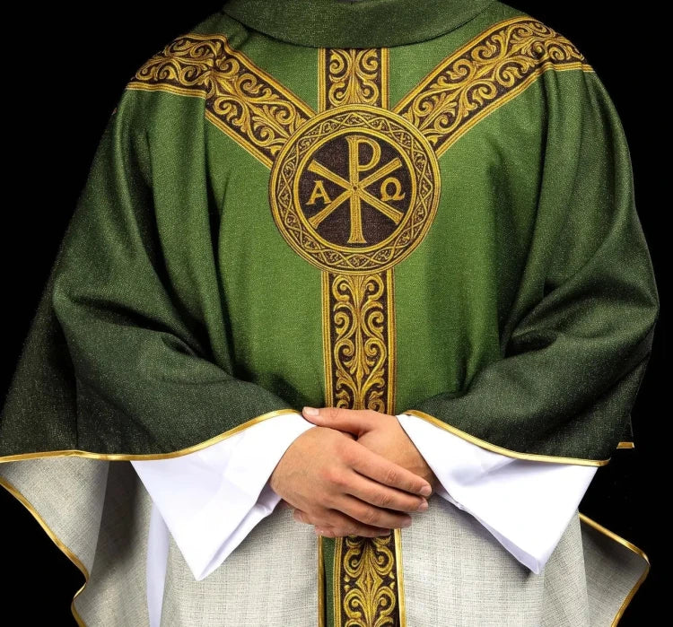 Green Chasuble with printed PAX motif — front view