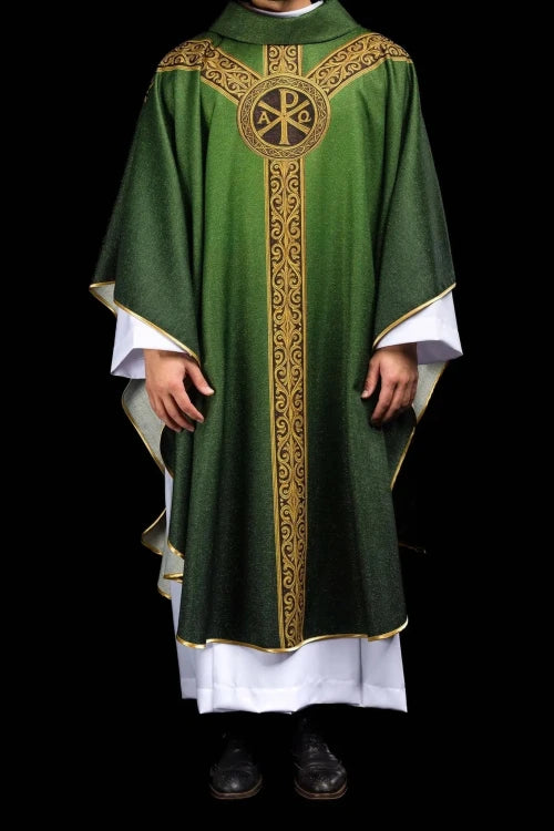 Green Chasuble with printed PAX motif — full view