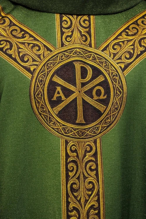 Green Chasuble with printed PAX motif — decoration detail