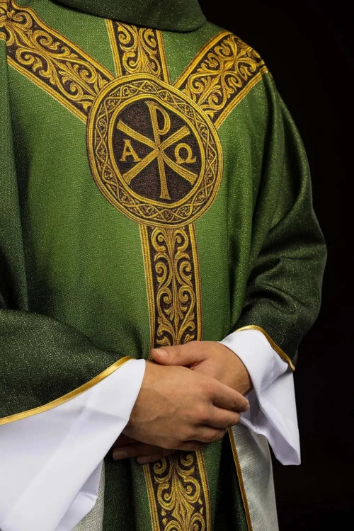 Green Chasuble with printed PAX motif — back view