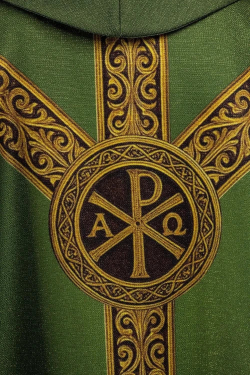 Green Chasuble with printed PAX motif — close-up detail