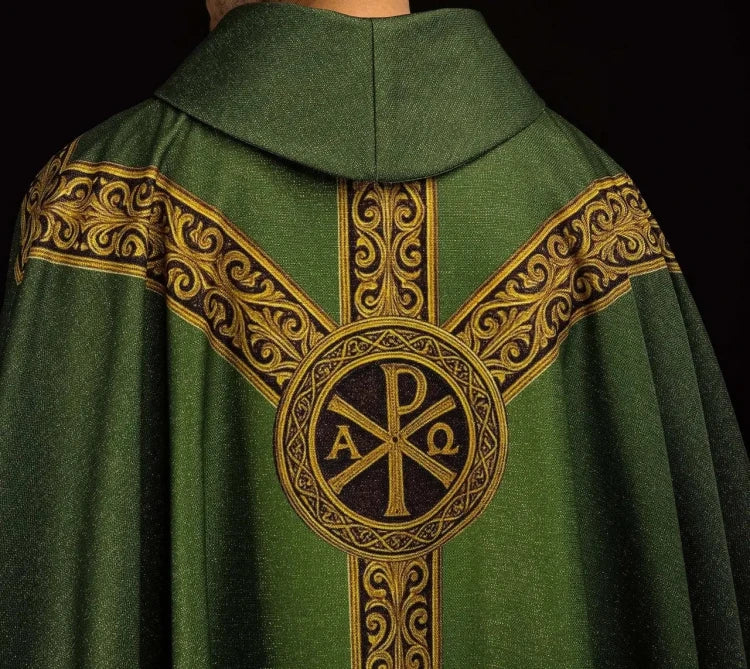 Green Chasuble with printed PAX motif — side view