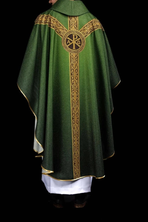 Green Chasuble with printed PAX motif — collar detail