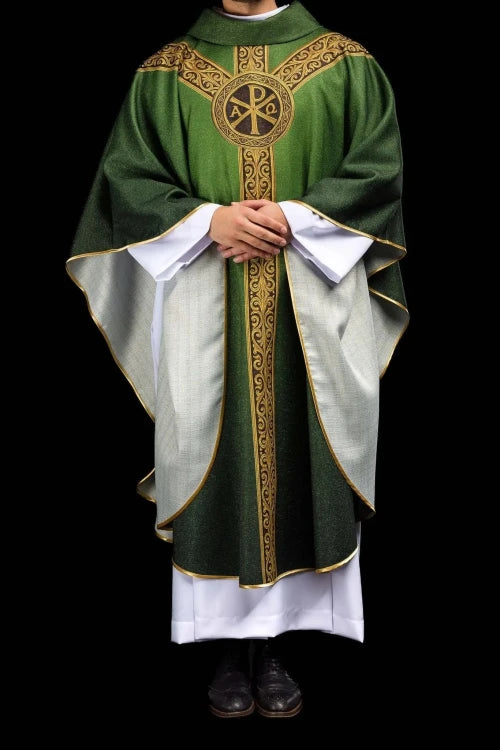Green Chasuble with printed PAX motif — fabric detail