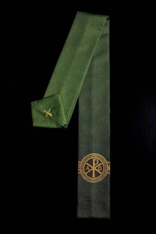 Green Chasuble with printed PAX motif — vestment detail