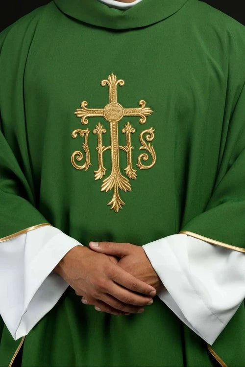 Green Chasuble with raised IHS embroidery — front view
