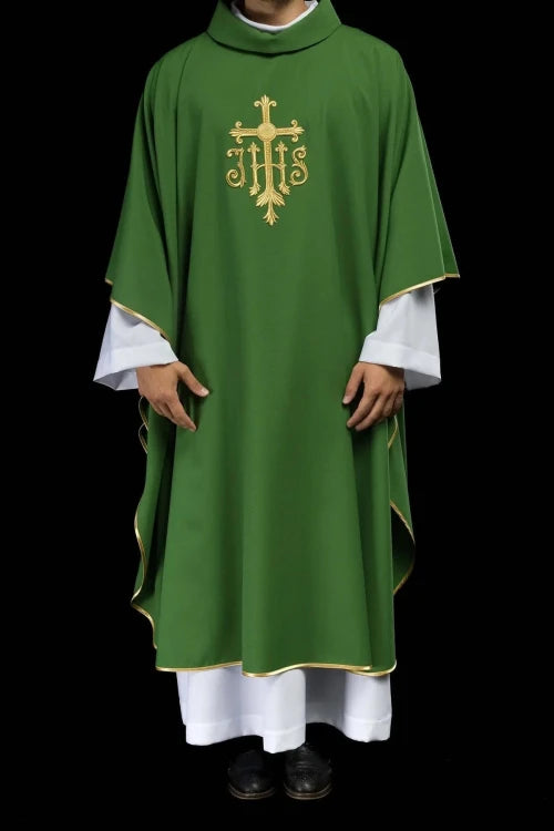 Green Chasuble with raised IHS embroidery — full view