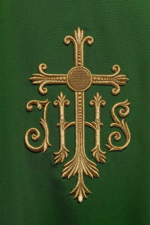 Green Chasuble with raised IHS embroidery — decoration detail