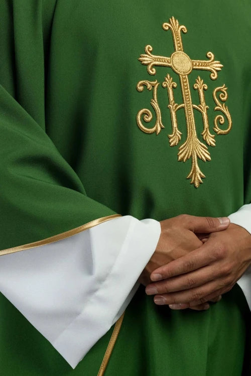 Green Chasuble with raised IHS embroidery — back view