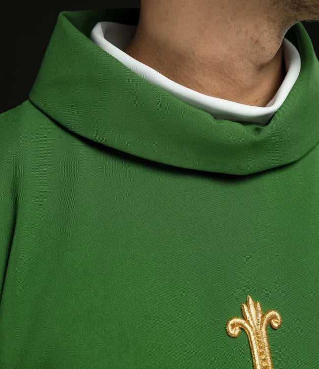 Green Chasuble with raised IHS embroidery — close-up detail