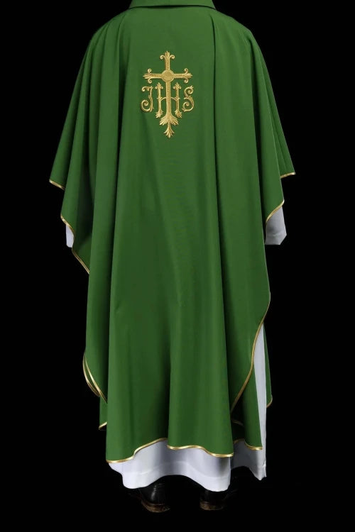 Green Chasuble with raised IHS embroidery — collar detail