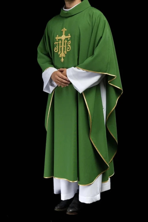 Green Chasuble with raised IHS embroidery — fabric detail