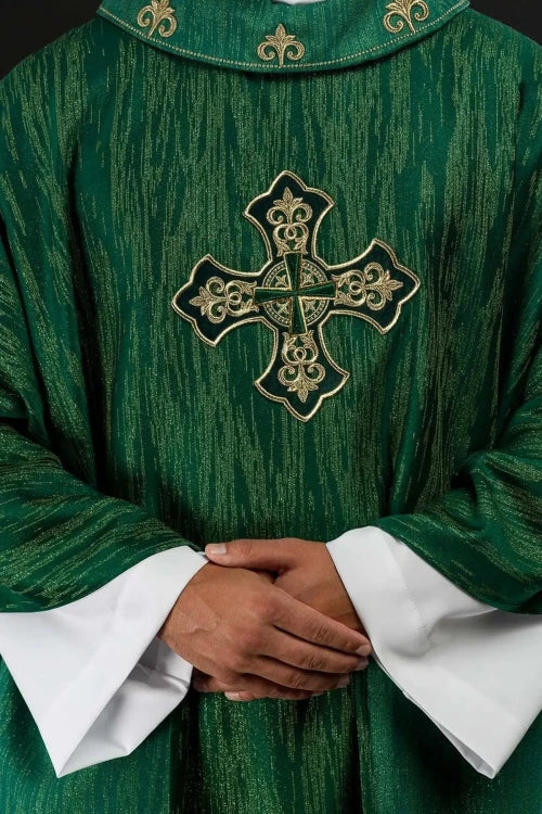 Green Chasuble with rich cross embroidery and decorated collar — front view