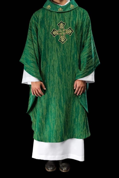 Green Chasuble with rich cross embroidery and decorated collar — full view