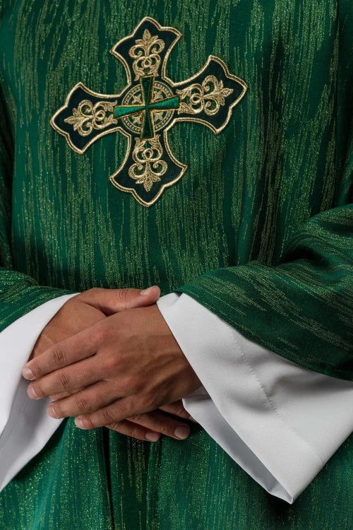 Green Chasuble with rich cross embroidery and decorated collar — back view