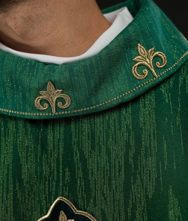 Green Chasuble with rich cross embroidery and decorated collar — close-up detail
