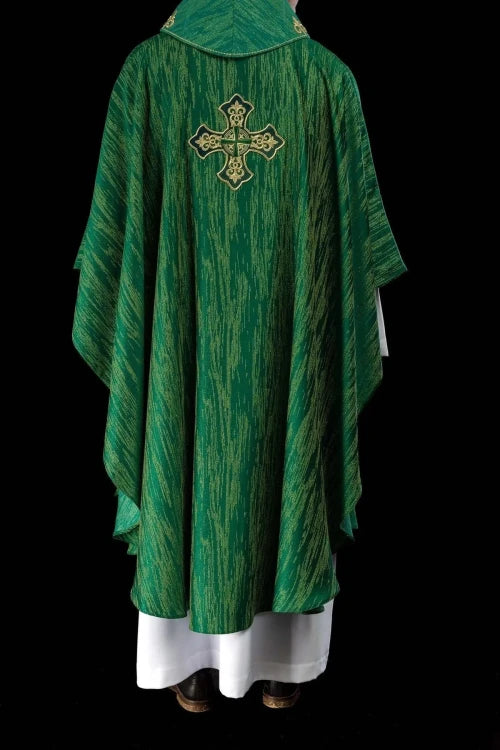 Green Chasuble with rich cross embroidery and decorated collar — fabric detail