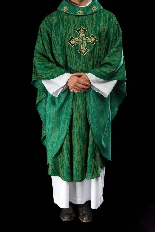 Green Chasuble with rich cross embroidery and decorated collar — vestment detail