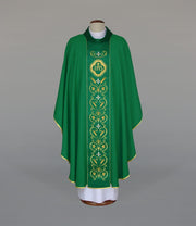 Green Chasuble with rich embroidery on a satin panel — front view