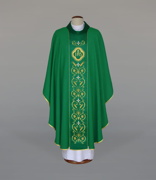Green Chasuble with rich embroidery on a satin panel — front view