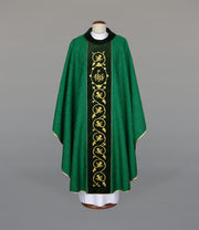 Green Chasuble with rich embroidery on a velvet panel — front view