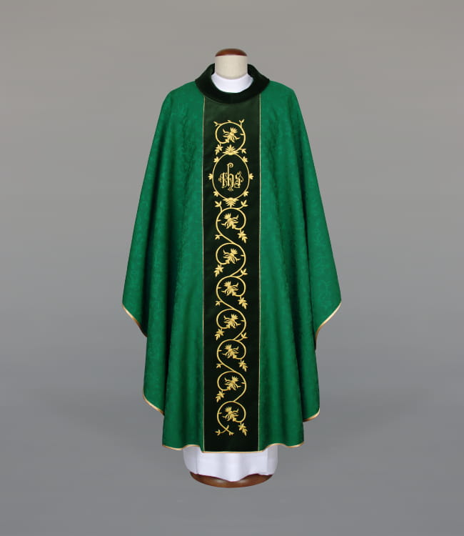 Green Chasuble with rich embroidery on a velvet panel — front view