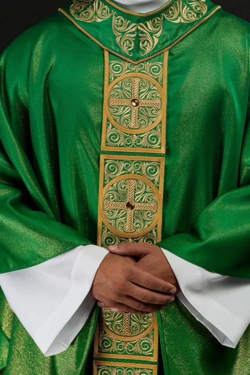 Green Chasuble with rich embroidery with decorative stones — front view