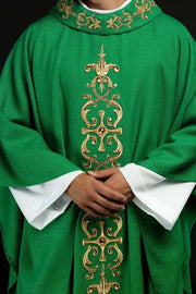 Green Chasuble with rich embroidery with decorative stones — front view