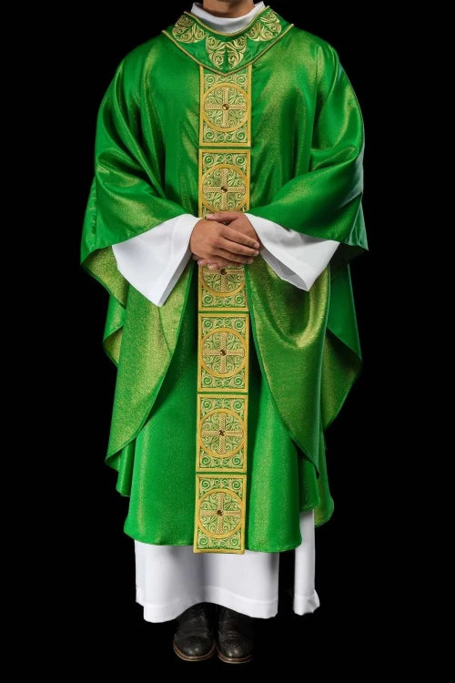 Green Chasuble with rich embroidery with decorative stones — full view