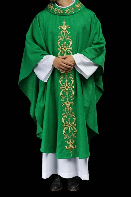 Green Chasuble with rich embroidery with decorative stones — full view