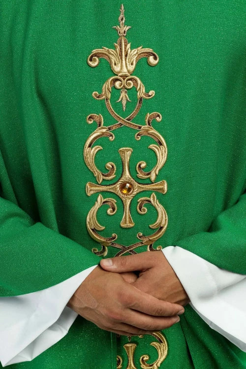 Green Chasuble with rich embroidery with decorative stones — decoration detail